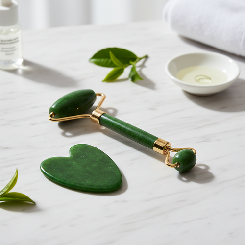 Jade roller and gua sha set on white marble surface